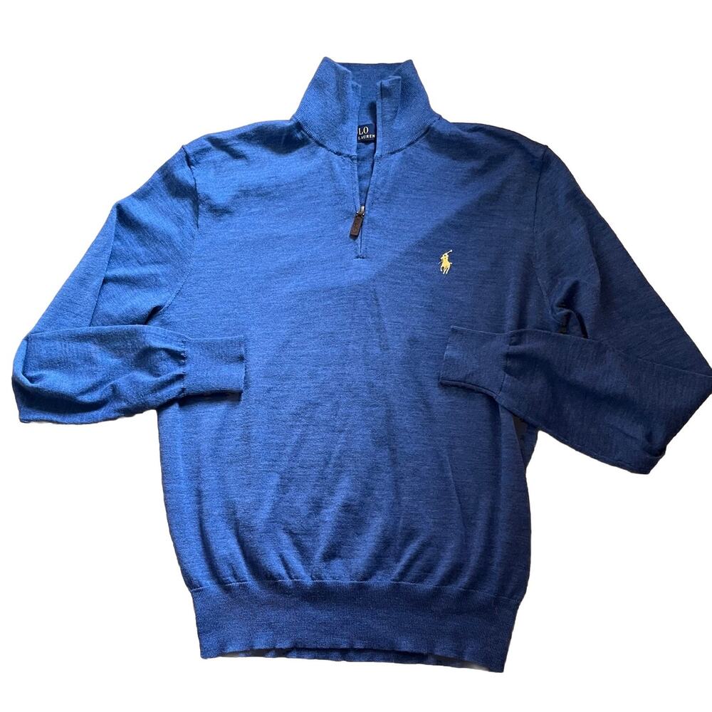 Polo Ralph Lauren Merino Wool Quarter Zip Sweater Heathered Blue M Italian Yarn - Picture 3 of 16